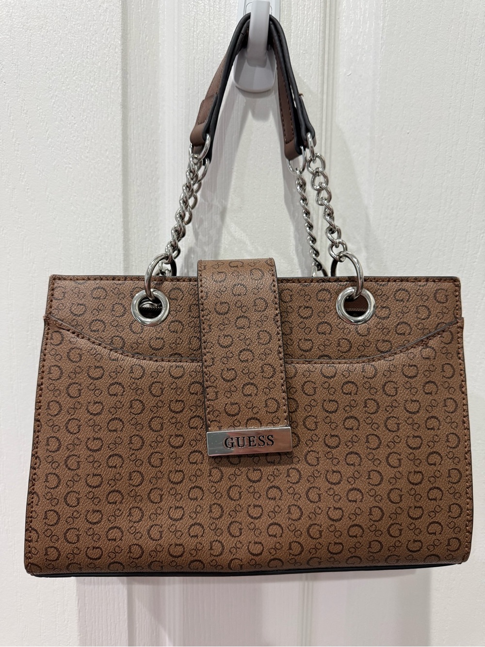 GUESS Brown Logo Satchel with Silver Chain Handles